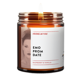 the emo prom date candle from virgins on fire candle co in brooklyn ny. raspberry and vanilla fragrance. safe fragrances and 100% soy wax. gay owned candlemaker.