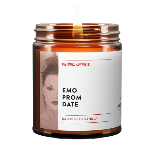 the emo prom date candle from virgins on fire candle co in brooklyn ny. raspberry and vanilla fragrance. safe fragrances and 100% soy wax. gay owned candlemaker.