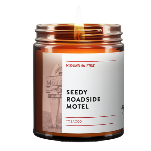 Seedy Roadside Motel is the name of a candle from Virgins On Fire Candle Co. It's for sale on this website.