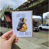 "I Love You This Much" Pizza Rat Card. A big rat hugging a giant slice of pizza. the maker is holding the card outside the subway.