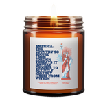 a flickering candle called, "America: The Country so secure from foreign threats it instead chooses to actively destroy itself from within." It is red, white, and blue themed. There is a Statue of Liberty.