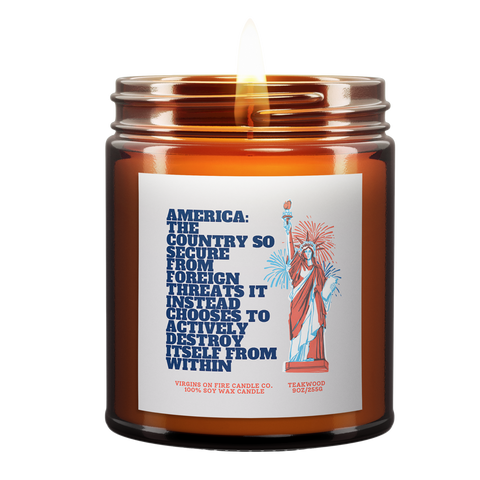 a flickering candle called, "America: The Country so secure from foreign threats it instead chooses to actively destroy itself from within." It is red, white, and blue themed. There is a Statue of Liberty.