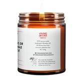 the back of the candle with company information and social media details. 100% soy wax, handmade in brooklyn, 45-50 hours burn time, non-toxic, 9oz