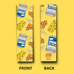dairy relief and cheese bookmark. yellow background. Dairy Relief pill bottles, yellow cheese, orange cheese, and white pills. Front and back. Back includes the logo of Virgins On Fire Candle Co.