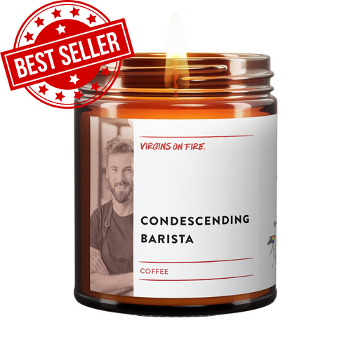 Gay-owned Brooklyn candle company 'Virgins on Fire' brown glass jar candle with witty label 'Condescending Barista' featuring coffee scent and monochrome portrait photo of barista