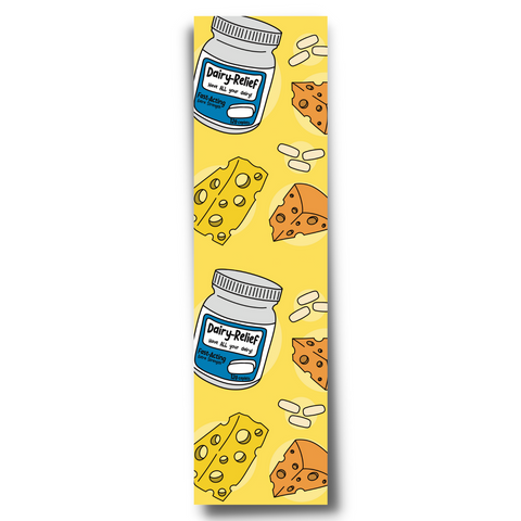 dairy relief and cheese bookmark. yellow background. Dairy Relief pill bottles, yellow cheese, orange cheese, and white pills.