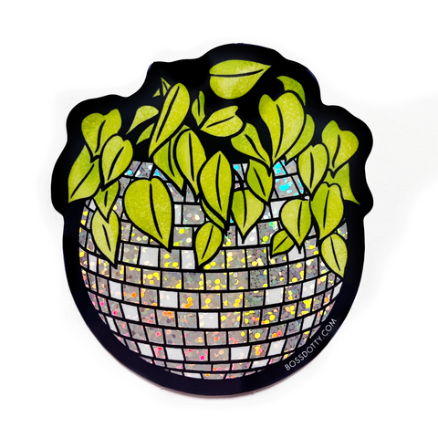 DISCO BALL PLANTER STICKER. Glittery disco ball. Plant inside of it. Cartoon style. Handdrawn. 