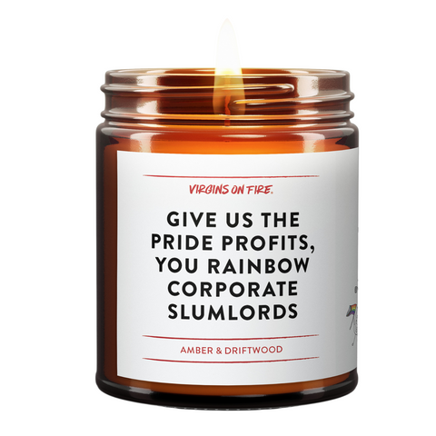 brown amber jar with label that reads, "Give us the pride profits you rainbow corporate slumlords candle" Lit candle. Amber and driftwood scented. 