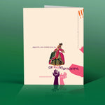 The back of the greeting card that says Equality and Humor for all -- from offensive and delightful. two hands and the queen from the front are featured.