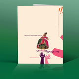 The back of the greeting card that says Equality and Humor for all -- from offensive and delightful. two hands and the queen from the front are featured.