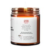 the back of the burning candle. company info. 100$ soy wax, 9oz. 45-50 hours burn time.