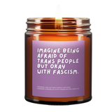 Candle jar with a purple label featuring the text on a white background.