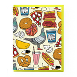 NEW YORK FOODS GREETING CARD. Pastrami, milkshakes, pretzels, hot dogs, coffee, pigeon, pizza, bagel with lox. cartoon style. collage style.