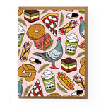 NEW YORK FOODS GREETING CARD. Pastrami, milkshakes, pretzels, hot dogs, coffee, pigeon, pizza, bagel with lox. cartoon style. collage style. They have a holiday edge. holly and festive flair.