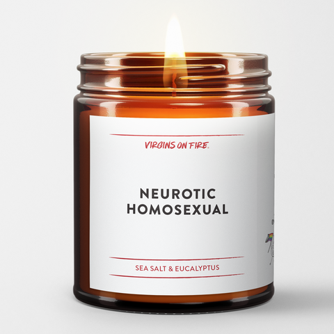 a burning candle. it is a brown amber jar. white label. black font. it says Neurotic Homosexual. red virgins on fire logo. red font that reads Sea Salt and Eucalyptus.