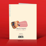 Card with a graphic of a woman's face and text on a red background