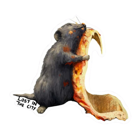 a carton rat hugging a slice of pizza