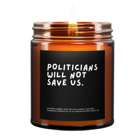A Lit Amber Jar Candle called, "politicians will not save us"