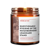a candle called Questionable hygiene of the neighborhood lemonade stand. it's a brown burning amber glass jar candle. it features a smiling girl selling lemonade.