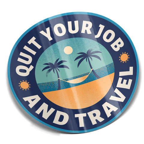 Circular sticker design with retro beach scene featuring palm trees and hammock, surrounded by navy blue border text reading 'Quit Your Job and Travel' from Virgins on Fire