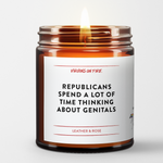 lit candle called "Republicans spend a lot of time thinking about genitals". black font. white background. 