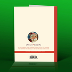 the back of the greeting card from offensive and delightful. Features a santa peerin through a window