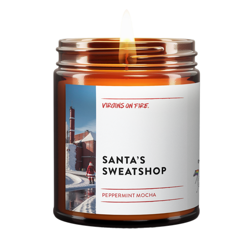 Peppermint mocha scented candle with satirical 'Santa's Sweatshop' theme. Features snowy industrial landscape photo and handcrafted by LGBTQ+ owned Virgins on Fire Candle Co. in Brooklyn