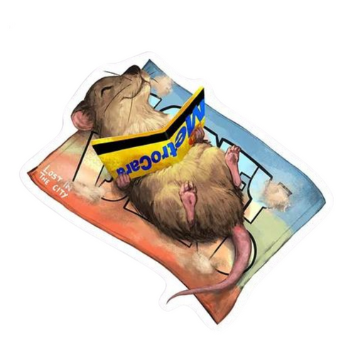 cute cartoon style nyc subway rat laying on a towel that says Coney Island and using an MTA subway card to direct sunlight onto themselves like a reflector. funny and cute.