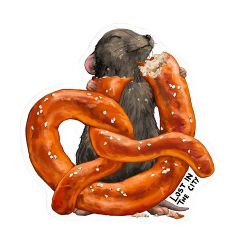 cute cartoon gray rat eating a new york pretzel. pretzel is the size of the rat.