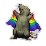 cute cartoon rat holding a rainbow pride flag.