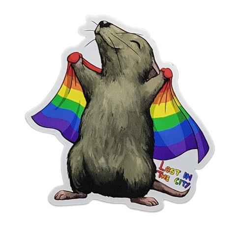 cute cartoon rat holding a rainbow pride flag.