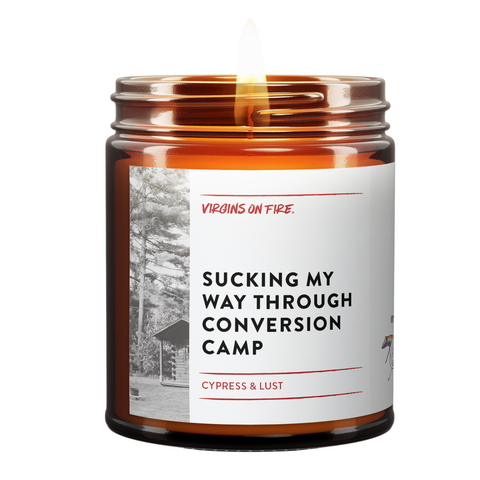 Handcrafted soy candle by Virgins On Fire Candle Co., gay-owned Brooklyn candle company. This funny candle shows vintage black and white camp scene imagery. Features cypress and lust scent blend. 