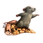 a sticker of a nyc rat surfing on a slice of pizza