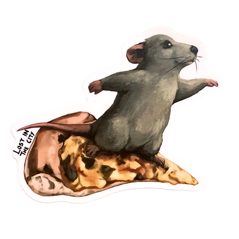a sticker of a nyc rat surfing on a slice of pizza