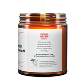 the back of the burning candle jar with company information.