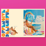 Colorful birthday card with people by a pool and rainbow text on a pink background