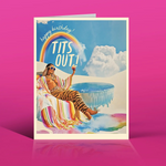 Birthday card with a person by a pool, rainbow, and 'TITS OUT!' text on a pink background