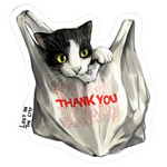 BODEGA CAT BAG STICKER. A black and white cat with yellow eyes in a plastic Thank You bag.