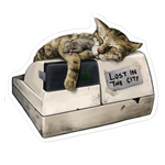 A vintage style BODEGA CAT CASH REGISTER STICKER. A gray cat resting on an old bodega cash register with a sign that says Lost in the City.