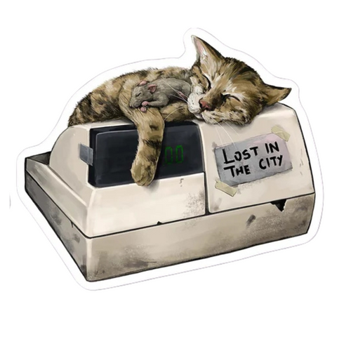 A vintage style BODEGA CAT CASH REGISTER STICKER. A gray cat resting on an old bodega cash register with a sign that says Lost in the City.