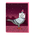 cartoon pigeon holding a letter that reads, "WARM WISHES FROM NEW YORK." HOLIDAY GREETING CARD. Snowy. Pigeon wears a pink hat.