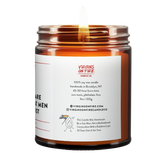the back of the candle jar with company information found in the product description - 100% soy wax, etc. handmade by a gay man.