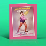 a person playing dressup. purple dress. text reads, "You are a MAGICAL UNICORN and everyone else can go fuck themselves." pink envelope.