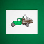 an old MOVING TRUCK LETTERPRESS GREETING CARD FOR HOMEWARMING. Green truck,. brown bed. bike, lamp, and plant in the back. great for brooklyn hipsters relocating. yuppie card.