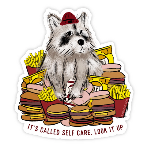 a cartoon raccoon surrounded by junk food. fries, burgers, donuts. this is a sticker.