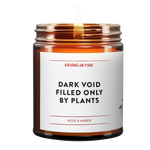 dark void only filled by plants candle from virgins on fire candle co. perfect for the springtime not overwhelmingly flowery. 100% soy wax and phthalate-free ingredients. This is handmade in brooklyn, ny.