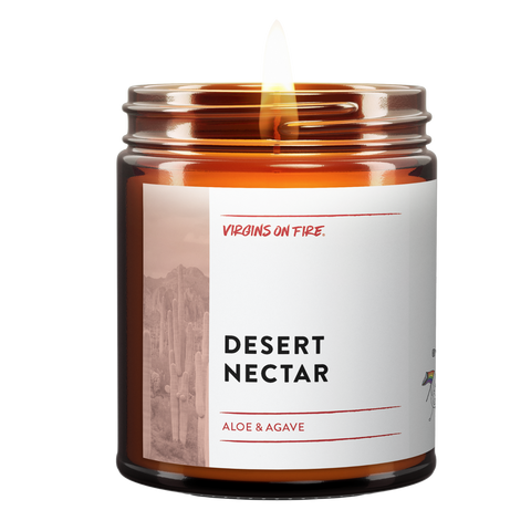 Desert Nectar is an aloe and agave is a candle scent from Virgins On Fire Candle Co. it is leather scented. 100% soy wax. Handmade in Brooklyn, NY. This is a gay-owned small business. LGBTQ owned. Edit alt text  Edit alt text