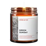Smoke odor eliminator candle 'Green Sunday' from LGBTQ+ Brooklyn brand 'Virgins on Fire' with cannabis leaf pattern and modern minimalist design