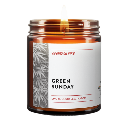 Smoke odor eliminator candle 'Green Sunday' from LGBTQ+ Brooklyn brand 'Virgins on Fire' with cannabis leaf pattern and modern minimalist design