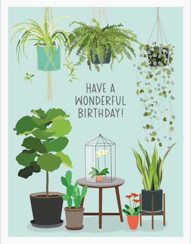 POTTED PLANTS BIRTHDAY CARD.  Reads, "Have a wonderful birthday." cartoon hand drawn plants surround the message.